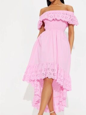 Off-Shoulder Pink Ruffle High-Low Dress